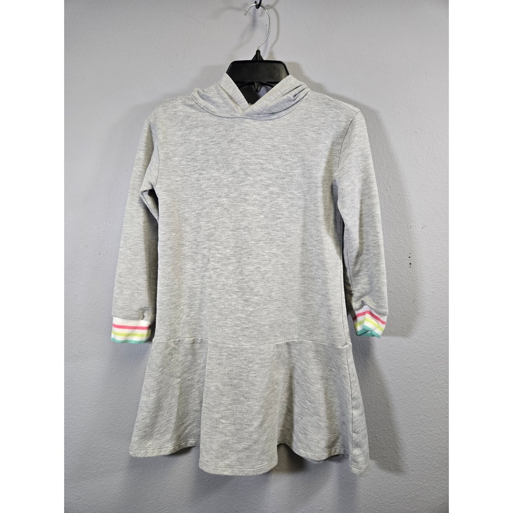Crewcuts Rainbow Stripe Cuff Hooded Sweatshirt Dress Grey 7